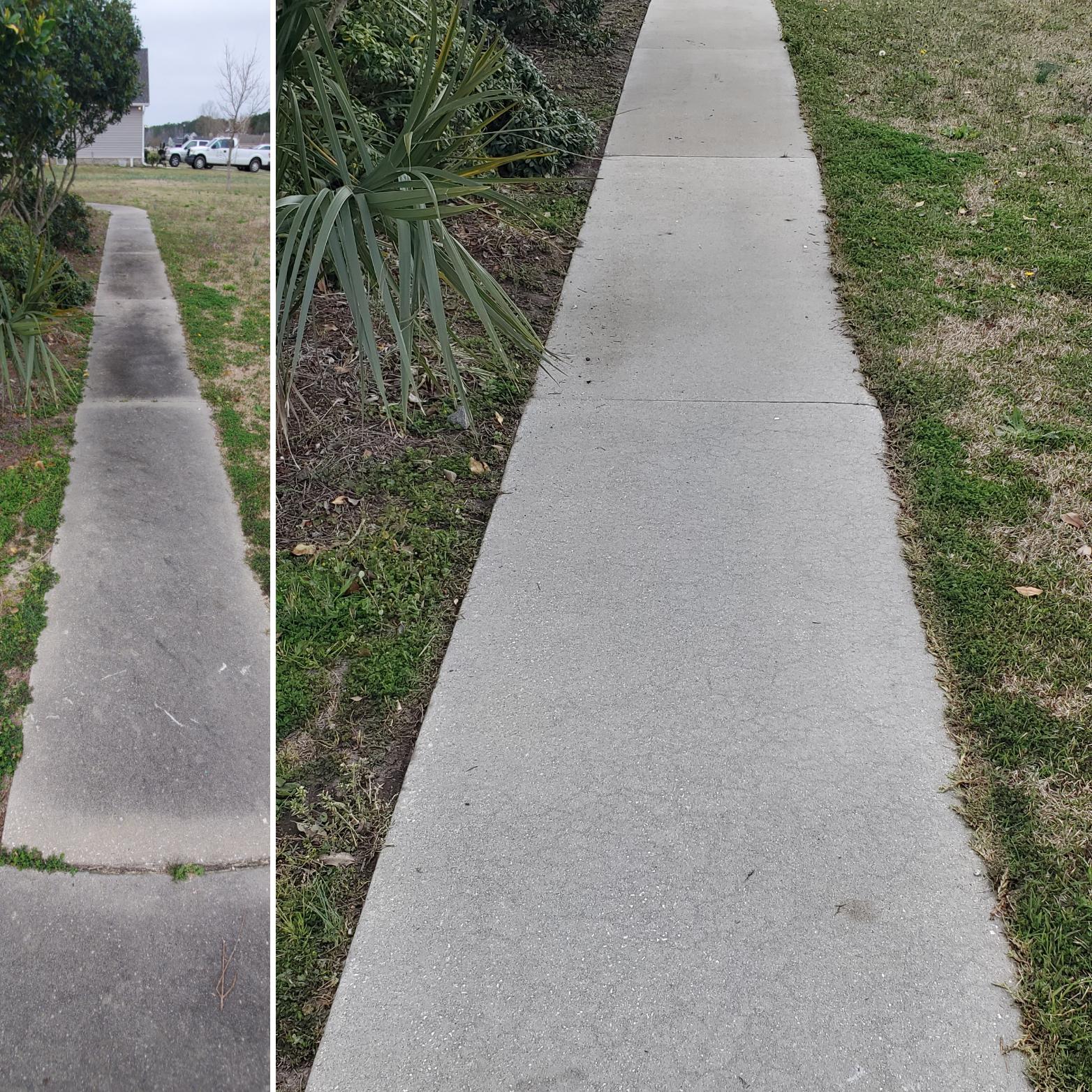 Concrete sidewalk pressure washing before and after cleaning