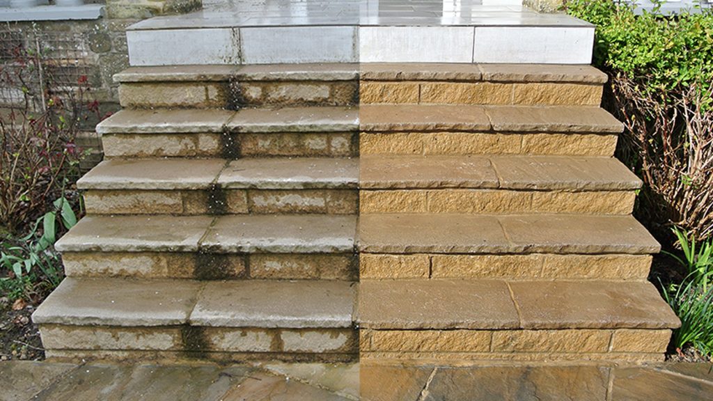 Textured concrete stair pressure washing before and after